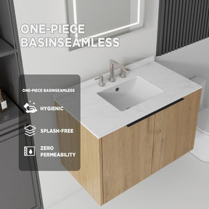 English Elm 36 Inch Wall Mounted Floating Vanity Plywood Cabinet Carrara Marble Integrated Sink B2775S00342