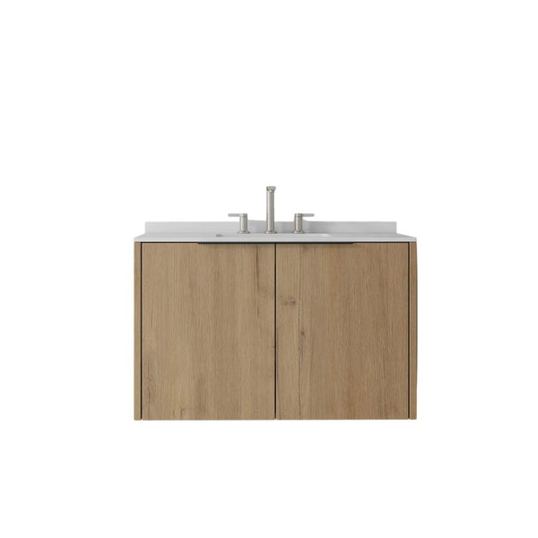 English Elm 36 Inch Wall Mounted Floating Vanity Plywood Cabinet Carrara Marble Integrated Sink B2775S00342