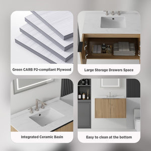 English Elm 36 Inch Wall Mounted Floating Vanity Plywood Cabinet Carrara Marble Integrated Sink B2775S00342