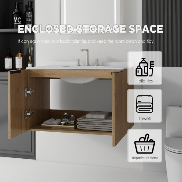 English Elm 36 Inch Wall Mounted Floating Vanity Plywood Cabinet Carrara Marble Integrated Sink B2775S00342