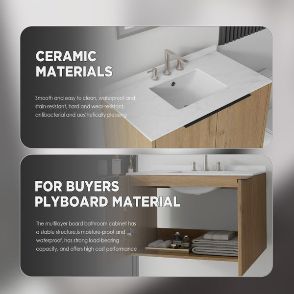 English Elm 36 Inch Wall Mounted Floating Vanity Plywood Cabinet Carrara Marble Integrated Sink B2775S00342