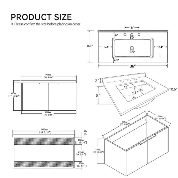 English Elm 36 Inch Wall Mounted Floating Vanity Plywood Cabinet Carrara Marble Integrated Sink B2775S00342