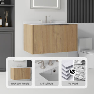 English Elm 36 Inch Wall Mounted Floating Vanity Plywood Cabinet Carrara Marble Integrated Sink B2775S00342
