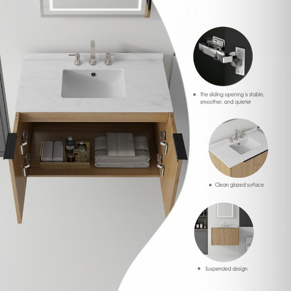 English Elm 36 Inch Wall Mounted Floating Vanity Plywood Cabinet Carrara Marble Integrated Sink B2775S00342