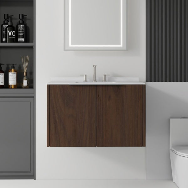 English Elm 36 Inch Floating Vanity with Undermount Sink Carrara Marble Top Soft Close Cabinet B2775S00343
