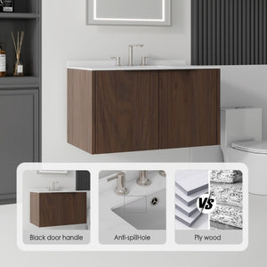 English Elm 36 Inch Floating Vanity with Undermount Sink Carrara Marble Top Soft Close Cabinet B2775S00343