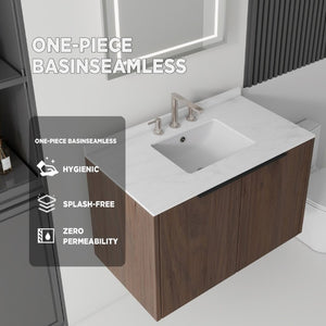 English Elm 36 Inch Floating Vanity with Undermount Sink Carrara Marble Top Soft Close Cabinet B2775S00343