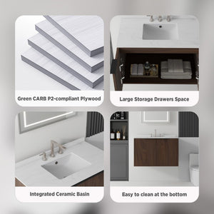 English Elm 36 Inch Floating Vanity with Undermount Sink Carrara Marble Top Soft Close Cabinet B2775S00343