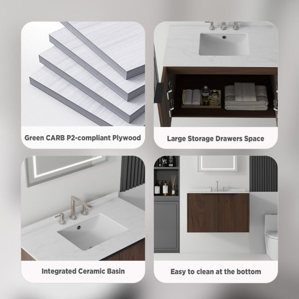 English Elm 36 Inch Floating Vanity with Undermount Sink Carrara Marble Top Soft Close Cabinet B2775S00343