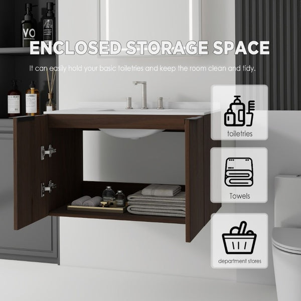 English Elm 36 Inch Floating Vanity with Undermount Sink Carrara Marble Top Soft Close Cabinet B2775S00343