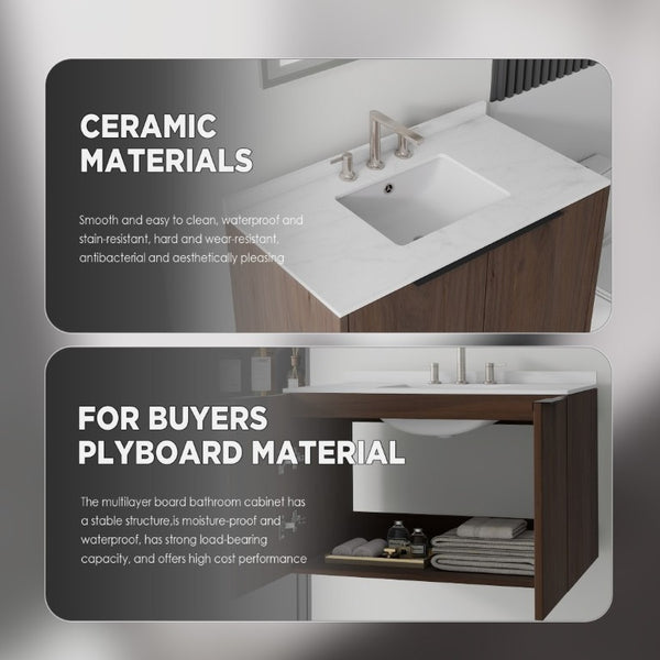 English Elm 36 Inch Floating Vanity with Undermount Sink Carrara Marble Top Soft Close Cabinet B2775S00343