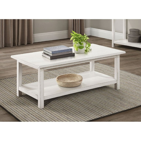 English Elm Castleton Rustic Pine Coffee Table with Open Storage Shelf for Farmhouse Living Rooms Antique White B2777P535872