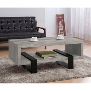 English Elm Grey Driftwood Finish Coffee Table with Open Shelf and Industrial Metal Base B2777P535874