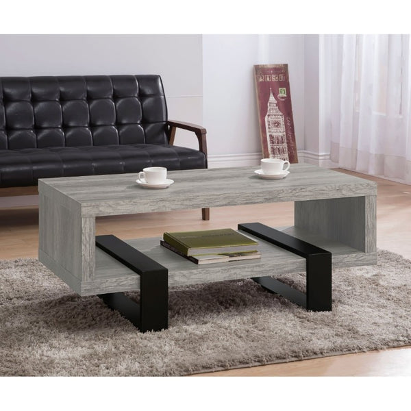 English Elm Grey Driftwood Finish Coffee Table with Open Shelf and Industrial Metal Base B2777P535874