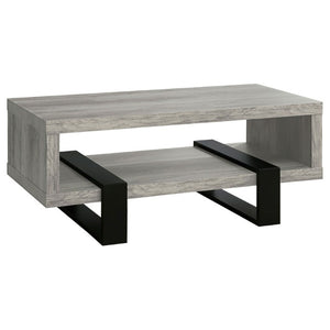 English Elm Grey Driftwood Finish Coffee Table with Open Shelf and Industrial Metal Base B2777P535874