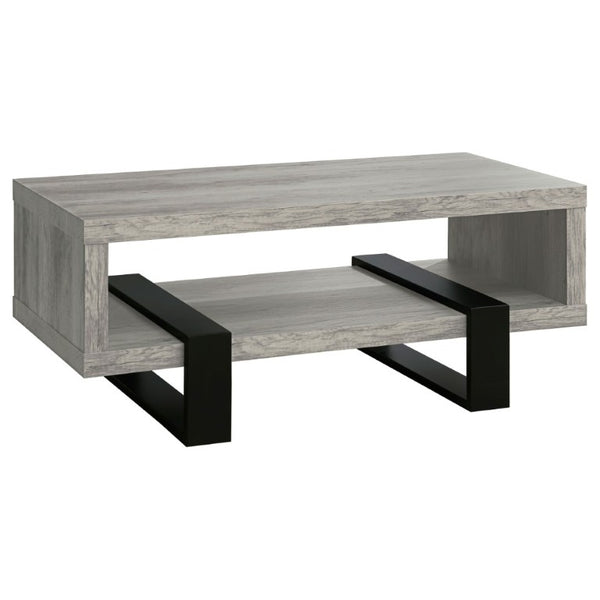 English Elm Grey Driftwood Finish Coffee Table with Open Shelf and Industrial Metal Base B2777P535874