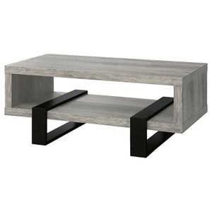 English Elm Grey Driftwood Finish Coffee Table with Open Shelf and Industrial Metal Base B2777P535874
