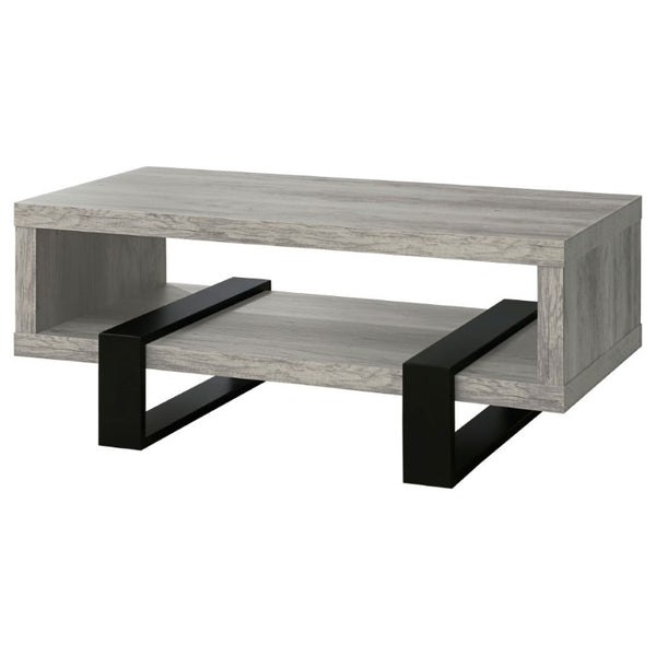 English Elm Grey Driftwood Finish Coffee Table with Open Shelf and Industrial Metal Base B2777P535874