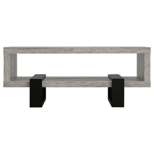 English Elm Grey Driftwood Finish Coffee Table with Open Shelf and Industrial Metal Base B2777P535874