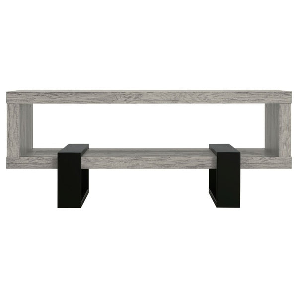 English Elm Grey Driftwood Finish Coffee Table with Open Shelf and Industrial Metal Base B2777P535874
