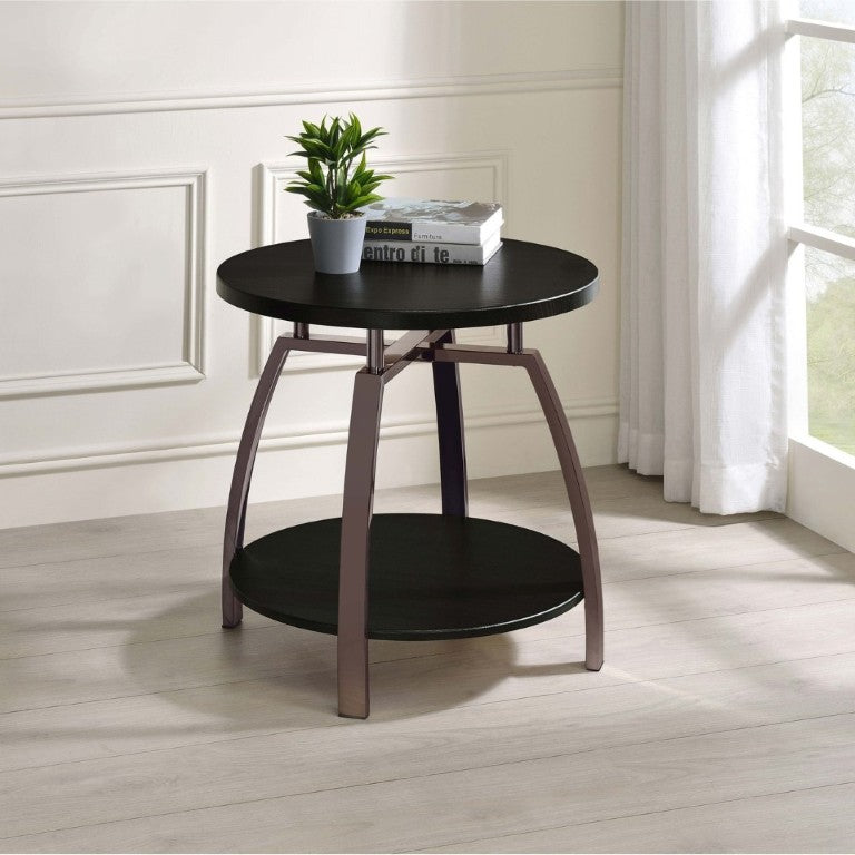 English Elm Dark Charcoal Round End Table with Black Nickel Frame and Lower Display Shelf B2777P535875