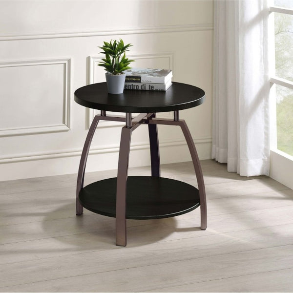 English Elm Dark Charcoal Round End Table with Black Nickel Frame and Lower Display Shelf B2777P535875