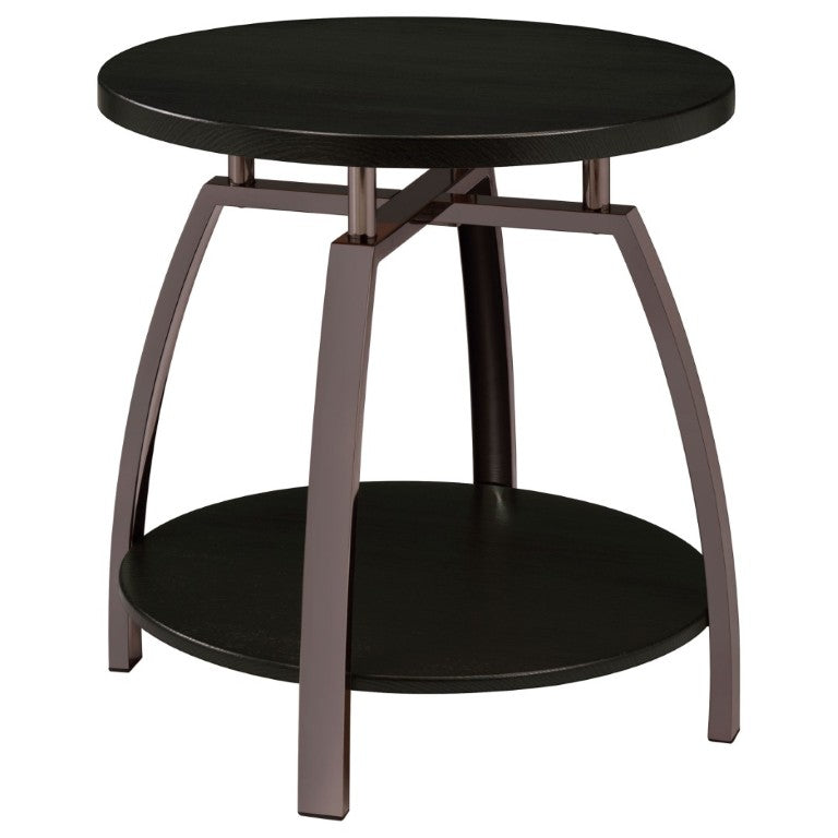 English Elm Dark Charcoal Round End Table with Black Nickel Frame and Lower Display Shelf B2777P535875