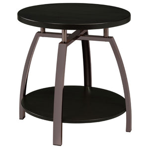 English Elm Dark Charcoal Round End Table with Black Nickel Frame and Lower Display Shelf B2777P535875