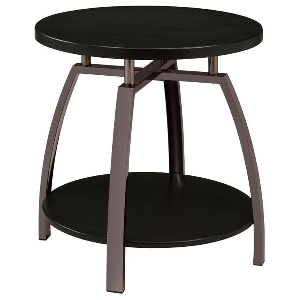 English Elm Dark Charcoal Round End Table with Black Nickel Frame and Lower Display Shelf B2777P535875