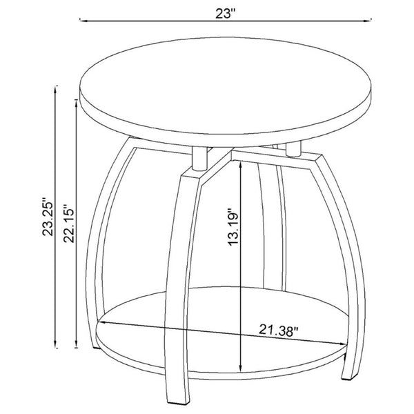 English Elm Dark Charcoal Round End Table with Black Nickel Frame and Lower Display Shelf B2777P535875