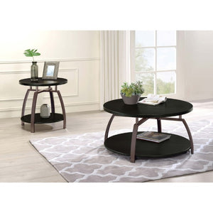 English Elm Dark Charcoal Round End Table with Black Nickel Frame and Lower Display Shelf B2777P535875