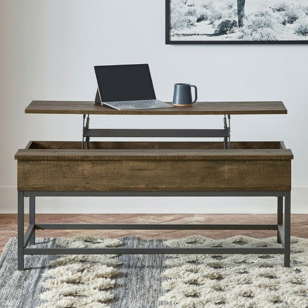 English Elm Brown Oak Lift Top Coffee Table with Hidden Storage and Slim Metal Legs B2777P535877