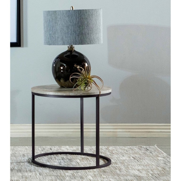 English Elm Grey Faux Marble Round End Table with Gunmetal Base for Modern Living Rooms B2777P535878