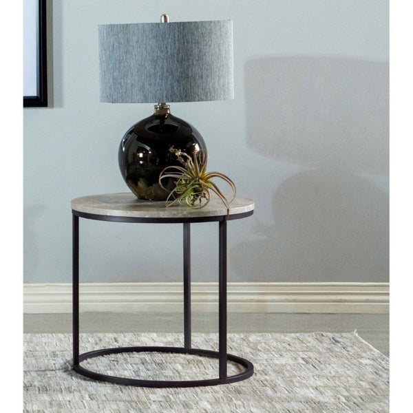 English Elm Grey Faux Marble Round End Table with Gunmetal Base for Modern Living Rooms B2777P535878