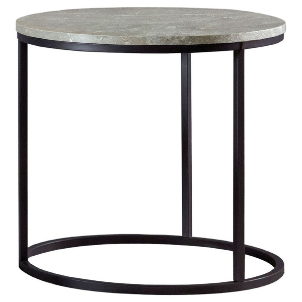 English Elm Grey Faux Marble Round End Table with Gunmetal Base for Modern Living Rooms B2777P535878