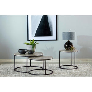 English Elm Grey Faux Marble Round End Table with Gunmetal Base for Modern Living Rooms B2777P535878