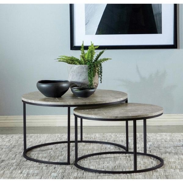 English Elm Hanover Round Faux Marble Nesting Coffee Table Set with Gunmetal Base for Living Rooms B2777P535879