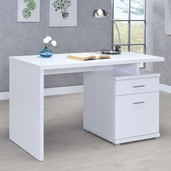 English Elm Cappuccino Finish Reversible Writing Desk with File Drawer for Modern Home Office White B2777P535885