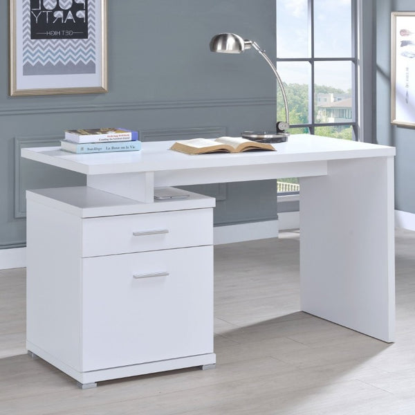 English Elm Cappuccino Finish Reversible Writing Desk with File Drawer for Modern Home Office White B2777P535885