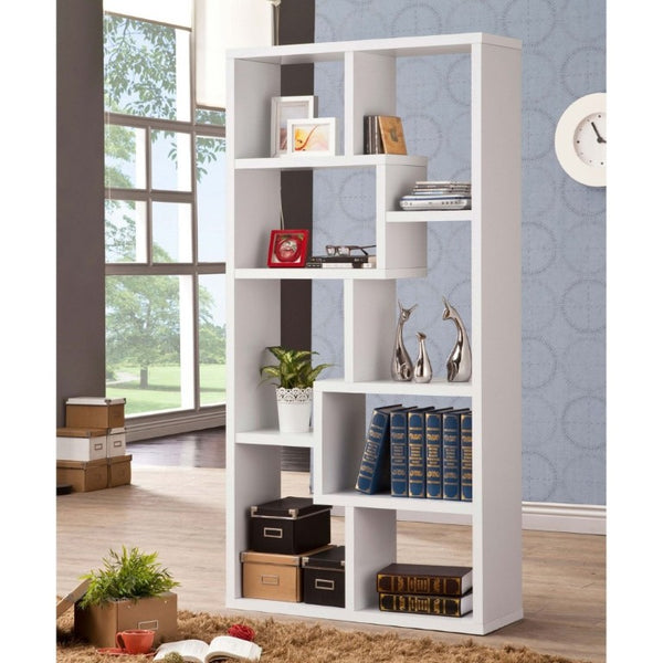 English Elm 8-Shelf Geometric Open Bookcase Tall Display Unit for Living Room or Home Library White B2777P535886
