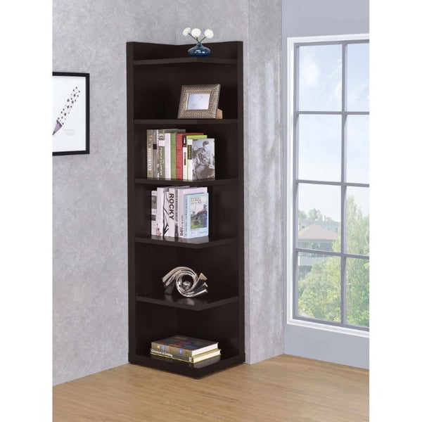 English Elm Cappuccino Six Shelf Corner Bookcase Tall Melamine Unit for Office or Living Room B2777P535888