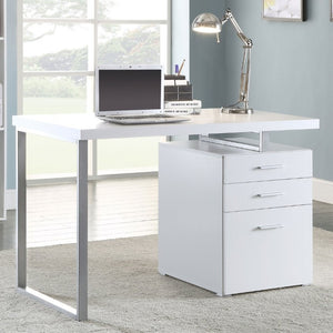English Elm White Home Office Desk with Reversible Three Drawer Tower and Sleek Metal Legs White B2777P535890