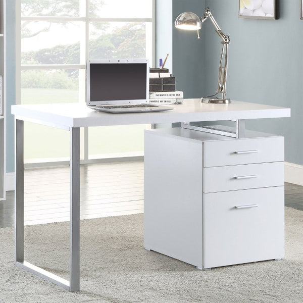English Elm White Home Office Desk with Reversible Three Drawer Tower and Sleek Metal Legs White B2777P535890