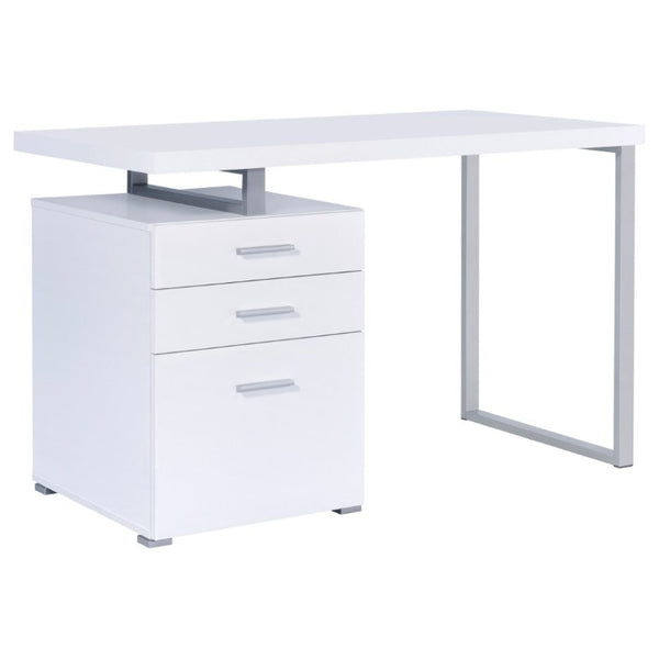 English Elm White Home Office Desk with Reversible Three Drawer Tower and Sleek Metal Legs White B2777P535890