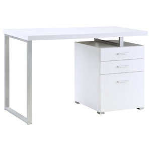 English Elm White Home Office Desk with Reversible Three Drawer Tower and Sleek Metal Legs White B2777P535890