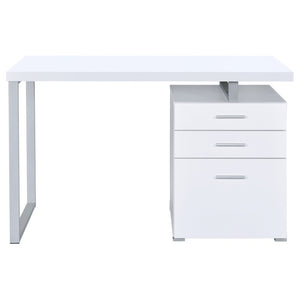 English Elm White Home Office Desk with Reversible Three Drawer Tower and Sleek Metal Legs White B2777P535890