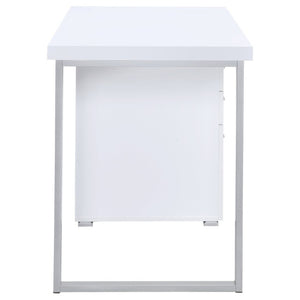 English Elm White Home Office Desk with Reversible Three Drawer Tower and Sleek Metal Legs White B2777P535890