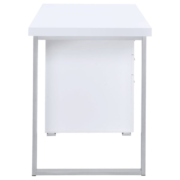 English Elm White Home Office Desk with Reversible Three Drawer Tower and Sleek Metal Legs White B2777P535890