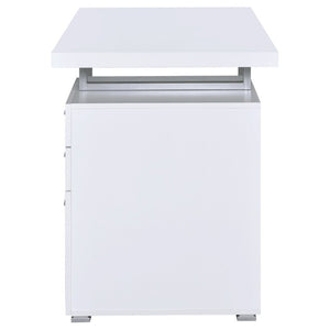 English Elm White Home Office Desk with Reversible Three Drawer Tower and Sleek Metal Legs White B2777P535890