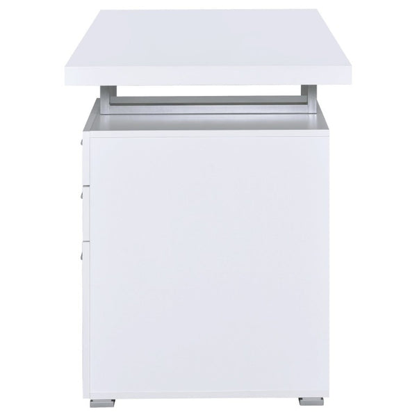 English Elm White Home Office Desk with Reversible Three Drawer Tower and Sleek Metal Legs White B2777P535890